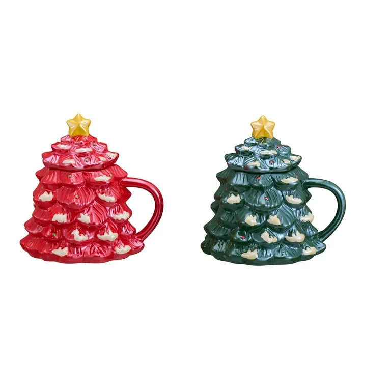 Holiday Time 14-oz Holiday Tree Glazed Stoneware Ceramic Mug with Lid, 2 Pack, Multicolor | Walmart (US)