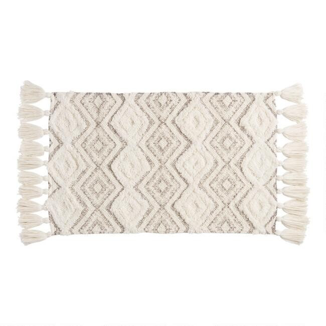 Ivory and Frost Gray Diamond Tassel Bath Mat | World Market