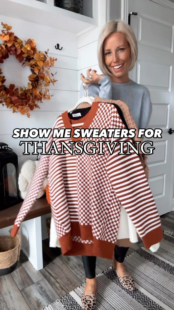 Let’s not forget we still have a holiday called Thanksgiving coming up!! I’ve rounded up a few of my favorite @amazon sweaters that would be perfect for the occasion!!!
⬇️⬇️⬇️ 
Grey sweater and short sleeved sweater size small (runs oversized)
Color blocking and striped/checkered sweater size medium 
Jeans TTS size 4 (could size down bc they have a lot of stretch) 
Leggings size small
Heels sized up 1/2 size 
Knit flats TTS

#LTKHoliday #LTKSeasonal #LTKVideo
