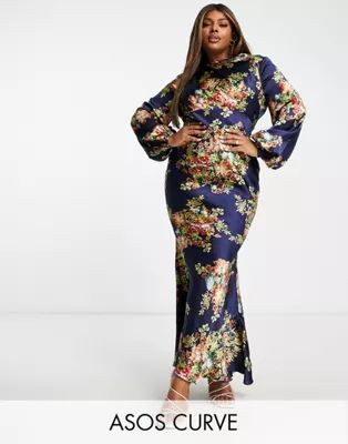 ASOS DESIGN Curve high neck maxi dress with flared cuff in navy floral print | ASOS (Global)