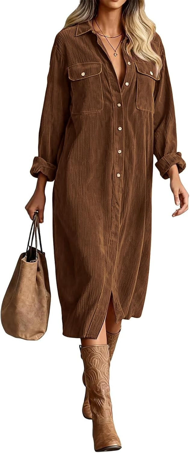 R.Vivimos Women's Cotton Corduroy Button-Down Midi Fall Dress | Amazon (US)