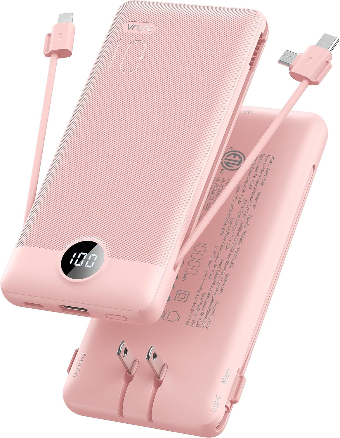 VRURC Portable Charger, Power Bank Built-in Cables and AC Wall Plug | Amazon (US)