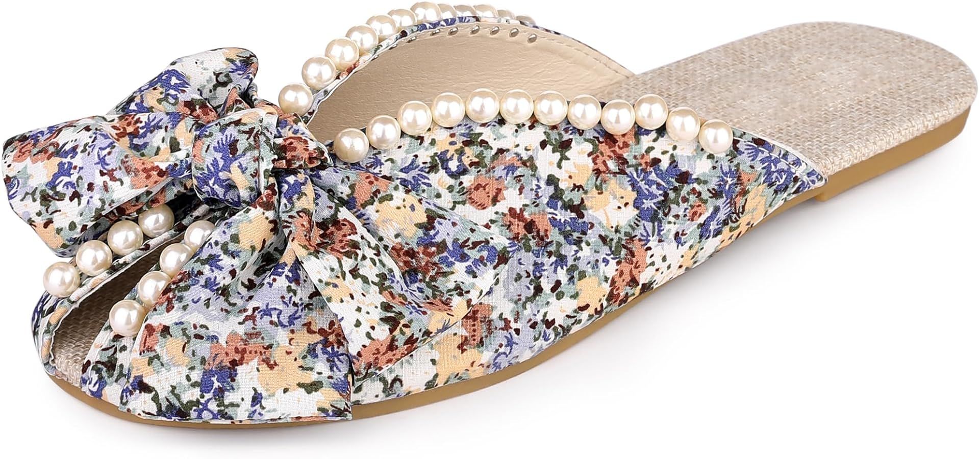 Perphy Floral Printed Peep Toe Slip on Pearl Flat Shoes Slides Mules for Women | Amazon (US)
