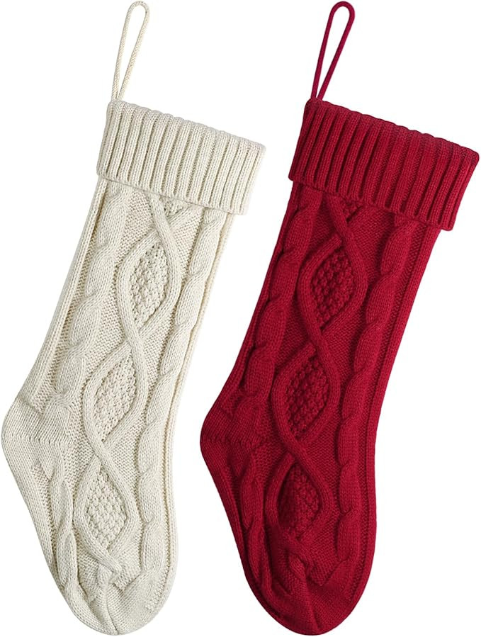 LEACOOLKEY 2 Pack Christmas Stockings 18 Inch Large Size Cable Knitted Stocking Xmas Hanging Stoc... | Amazon (UK)