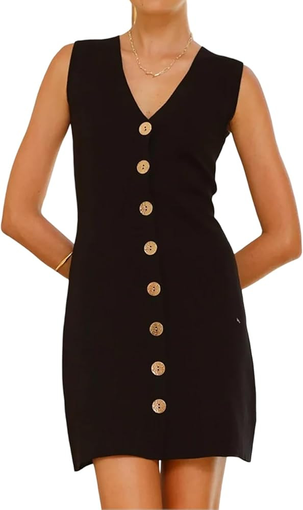 Women's Summer Business Casual Knit Dress V-Neck Work Office Outfits Formal Button Down Tank Dres... | Amazon (US)