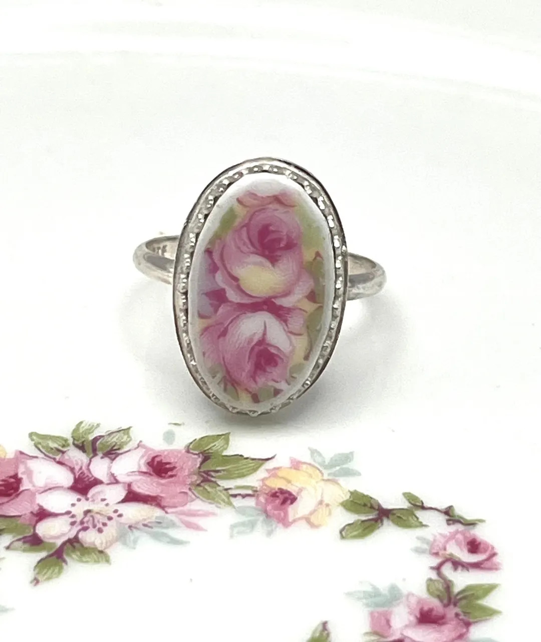 Handmade USA Broken China Ring From Vintage French Limoges Plate, Sterling Silver Setting - Etsy | Etsy (US)