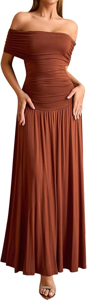 Off The Shoulder Maxi Dress for Women Summer Ruched Bodycon Pleated Flowy Formal Wedding Guest Lo... | Amazon (US)