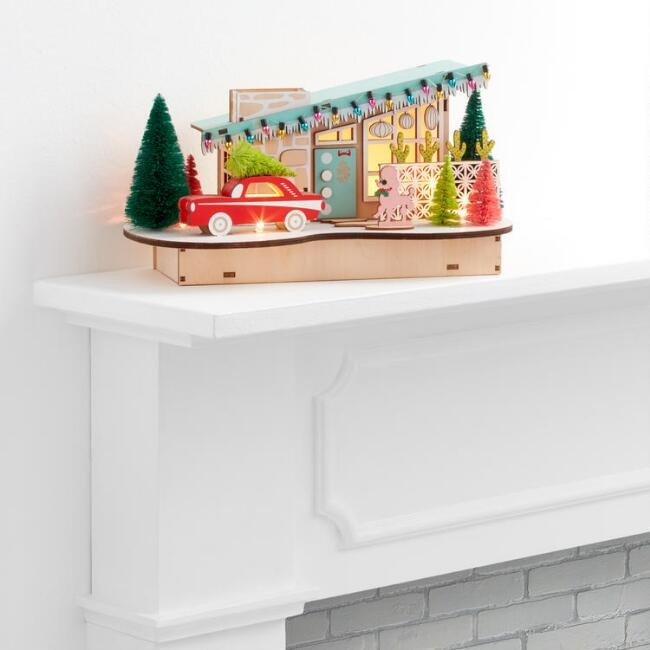 Laser Cut Wood Mid Century House With Car LED Light Up Decor | World Market