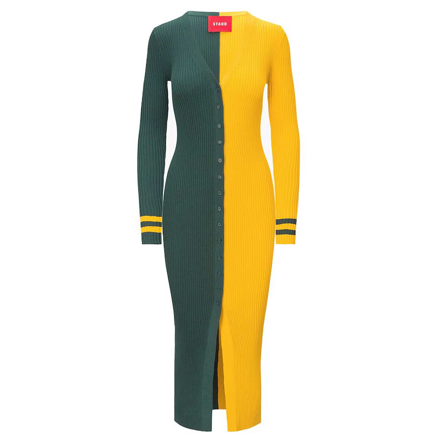 Women's Green Bay Packers STAUD Green/Gold Shoko Knit Button-Up Sweater Dress | NFL Shop
