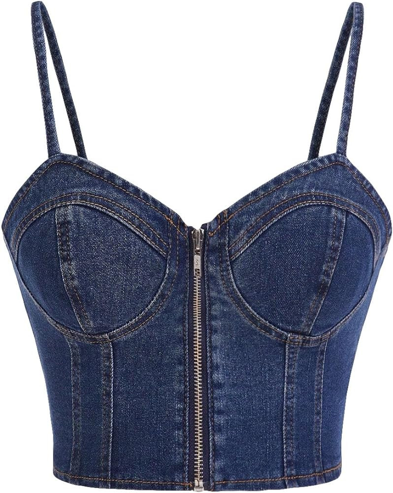 Milumia Women's Denim Bustier Crop Top Zip Front Spaghetti Strap Jean Cami Tank Tops | Amazon (US)