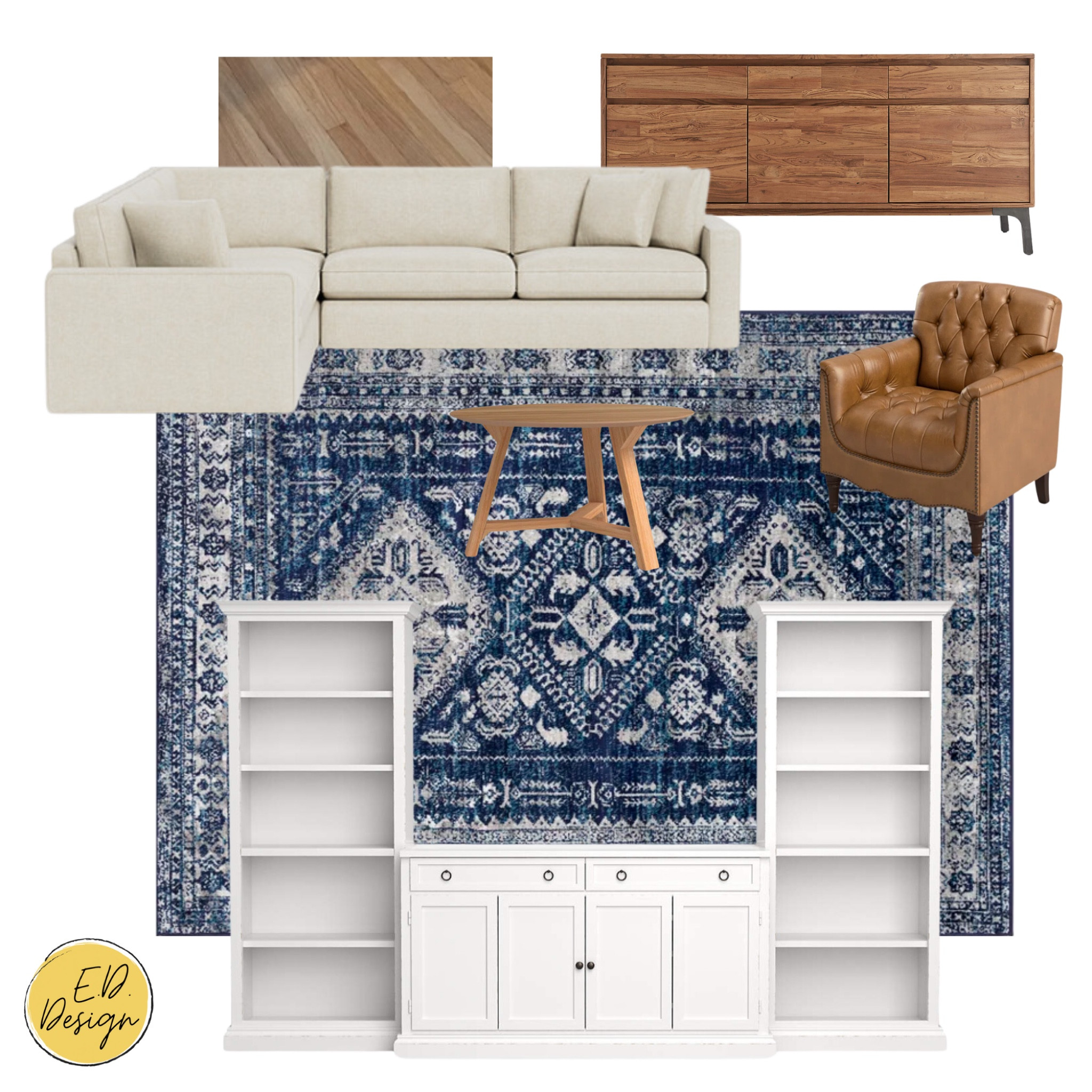 Family room, living room, blue rug, sideboard, leather chair, media center, sectional 

#LTKHome
