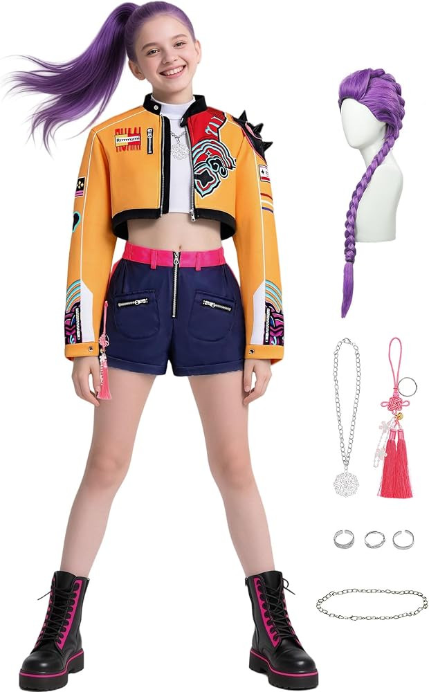 Girls Pop Singer Costume Kids 3-14 Years with Purple Wig Demon Cosplay Stage Dance Outfit with Ac... | Amazon (US)