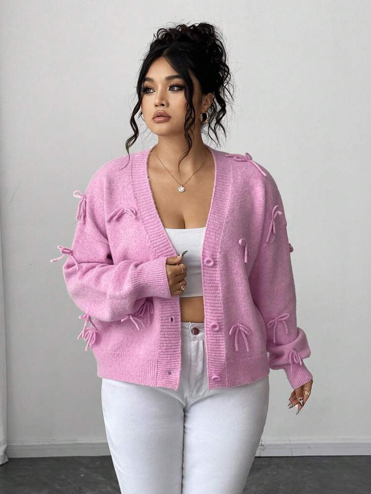 Elenzga Plus Size 2025 V-Neck Loose Handmade Bow Casual Sweater Top, Pink Cardigan Winter Fall Au... | SHEIN