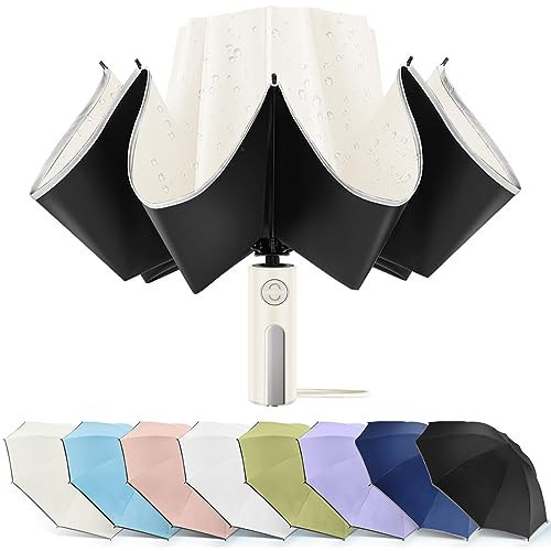 Bodyguard Large Windproof Inverted Umbrellas for Rain & Sun - Travel Folding Compact UPF 50+ Automatic Umbrella with Reflective Stripe, UV Protection For Walking, Beige-46IN | Amazon (US)