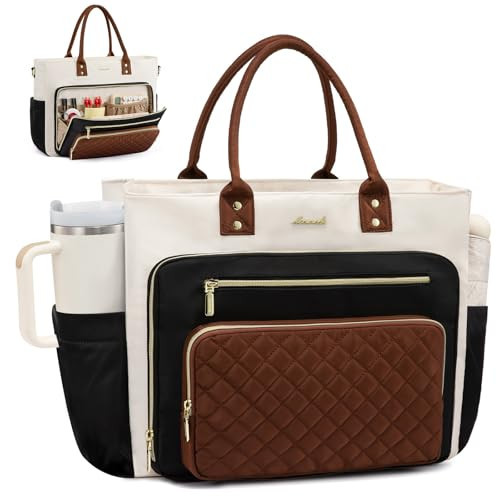 LOVEVOOK Teacher Tote Bag for Women, Laptop Bag Work Bags Computer Bag, Professional Briefcase Business Large Purses Handbag Gifts, Black-Beige-Brown, 17 Inch | Amazon (US)