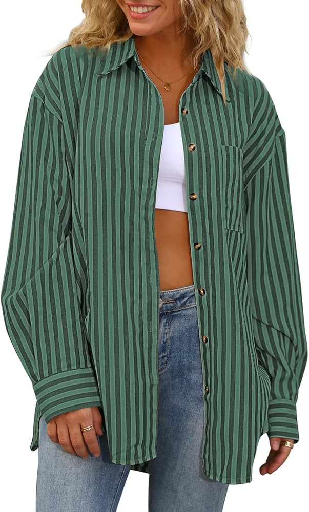 CHYRII Womens Striped Button Down Shirt Casual Long Sleeve Blouse Top | Amazon (US)