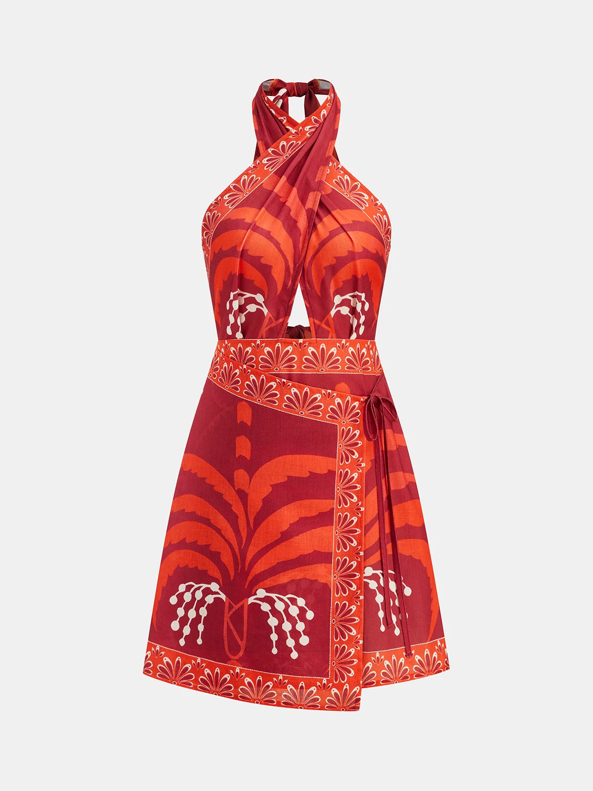 Tropical Print Halter Wrap Mini Dress | Commense