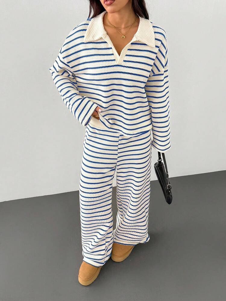 SHEIN PETITE Women's 2pcs Set Loose Striped V-Neck Drop Shoulder Long Sleeve T-Shirt &Elastic Waist Striped Pants, Winter Sweater Suit ,Autumn/Winter,Fall | SHEIN