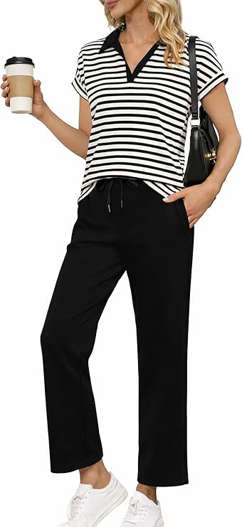 Glamaker Womens 2 Piece Summer Outfit Lounge Set Cap Sleeve Polo Top And Pant Set Tracksuit Trave... | Amazon (US)