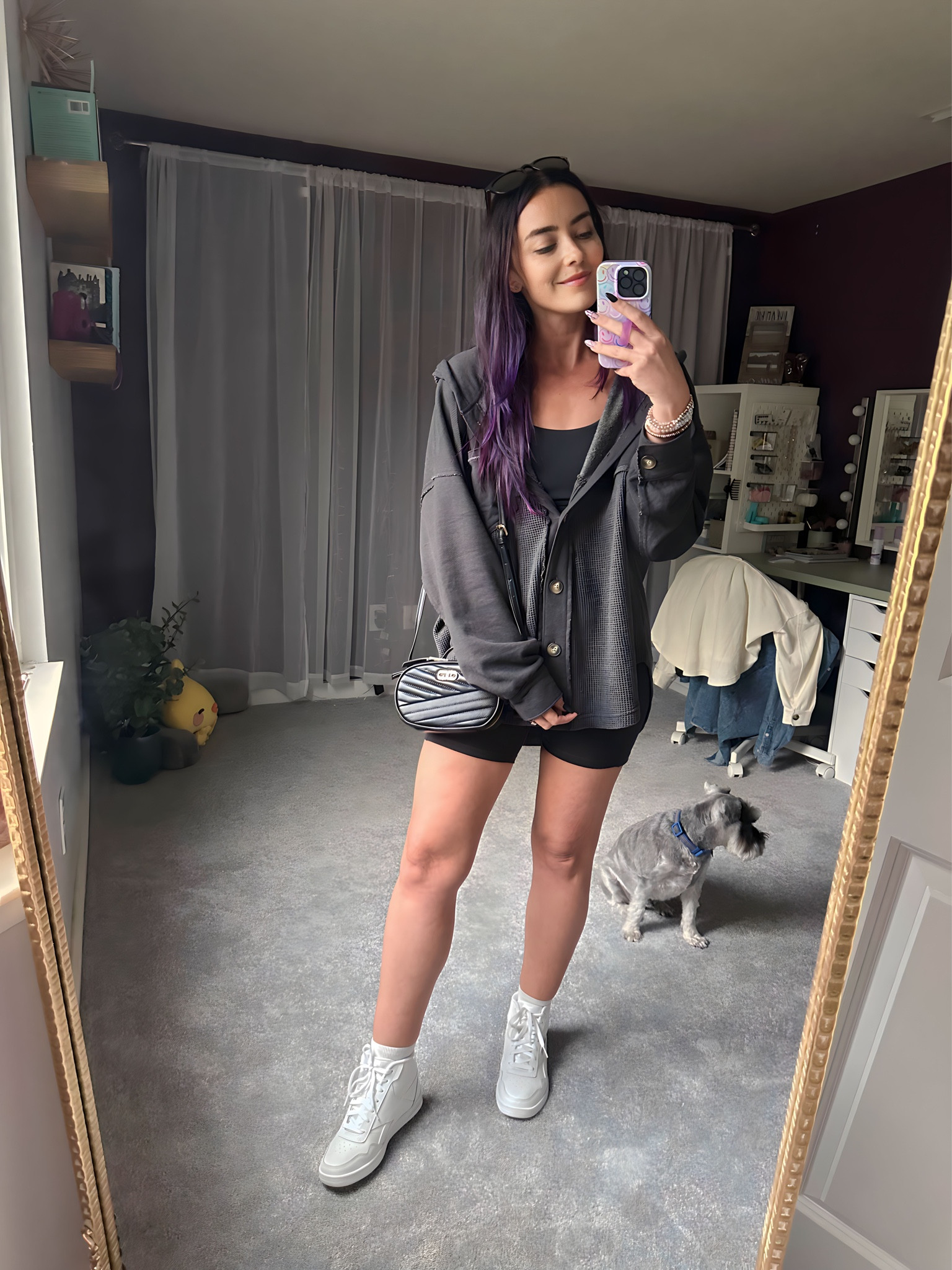 Found the dog on Amazon 😉

Button up hood: M
Biker shorts: S
Sports bra: XS
Shoe: 7

#LTKstyletip