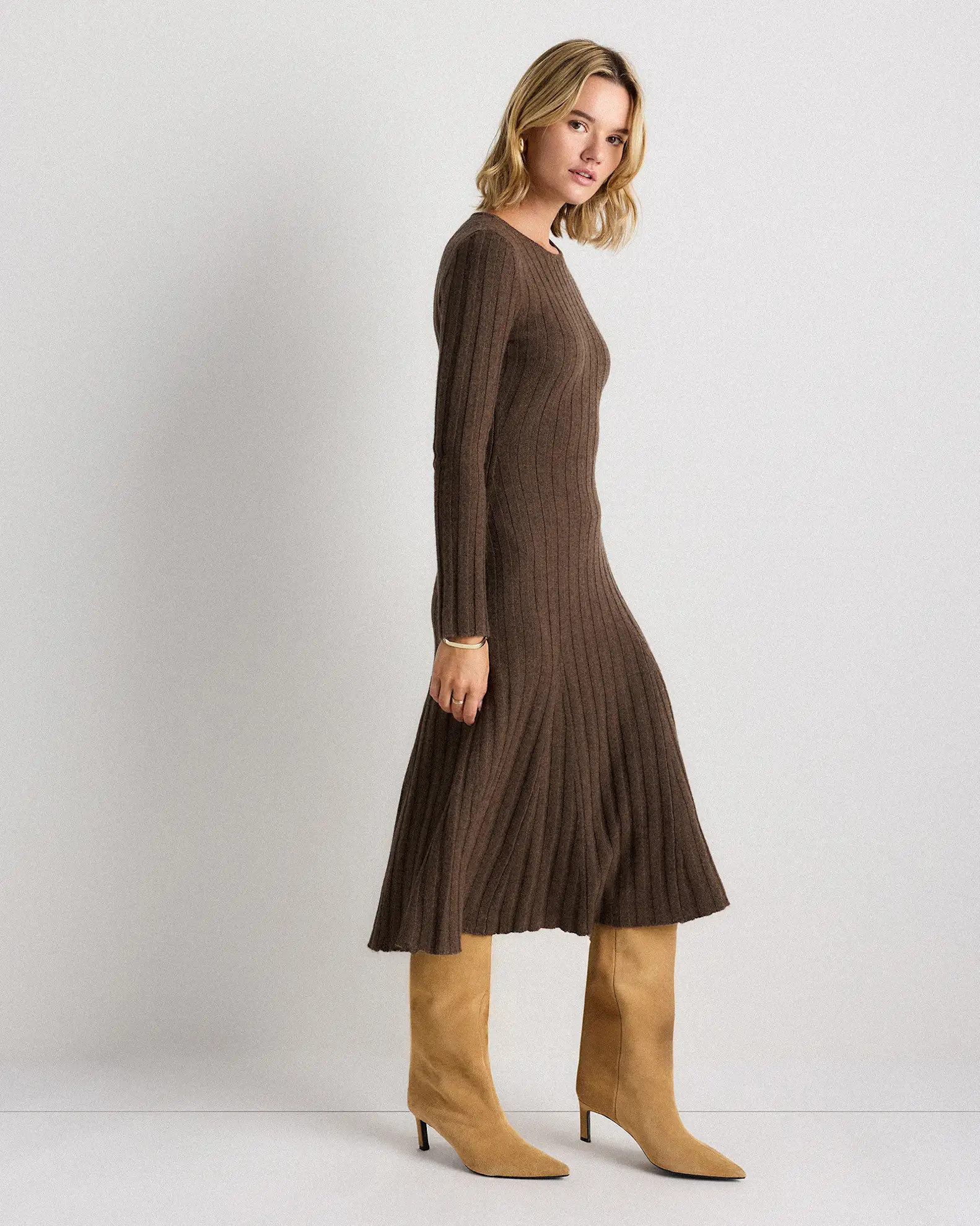 Mongolian Cashmere Wide-Rib Midi Dress in Brown | Quince