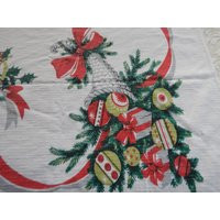 Vintage Christmas Tablecloth W/Cornucopia, Evergreens, Ornaments & Ribbons - Red & Green 1950S/60S Hand Print | Etsy (US)