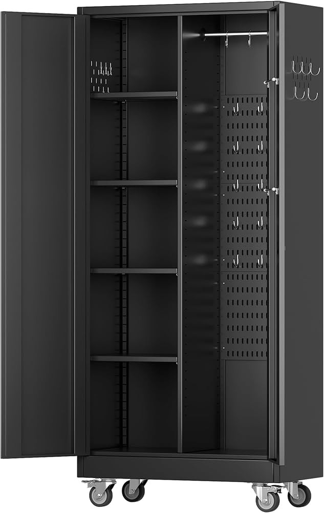 Garage Storage Cabinet with Wheels, Metal Storage Cabinet with Lockable Doors and 4 Adjustable Sh... | Amazon (US)