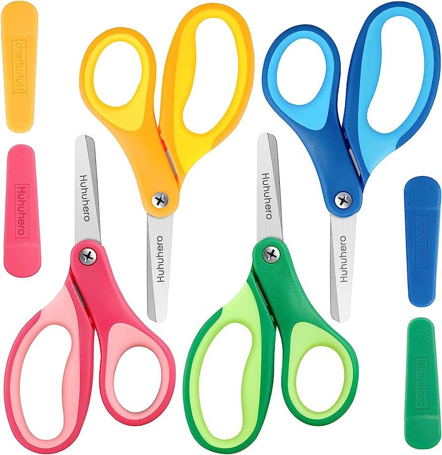 Huhuhero Kids Scissors, 5'' Small Safety Scissors Bulk Blunt Tip Toddler Scissors, 4Pcs Preschool... | Amazon (US)