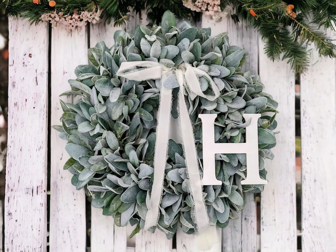 Personalized Wreath for Front Door Custom Wreath Year Round Wreath Spring Wreath Lamb Ear Door Ha... | Etsy (US)