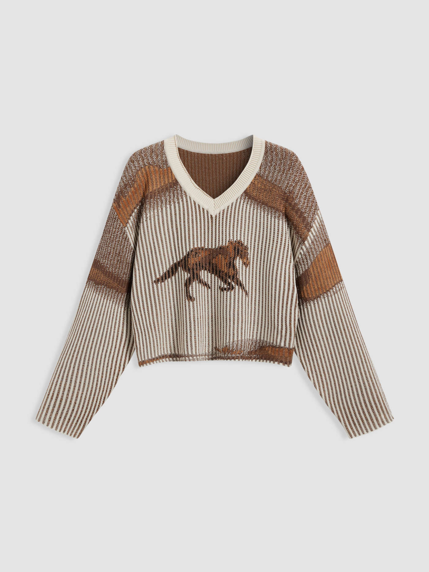 Knitted V-neck Horse Stripe Long Sleeve Sweater | Cider