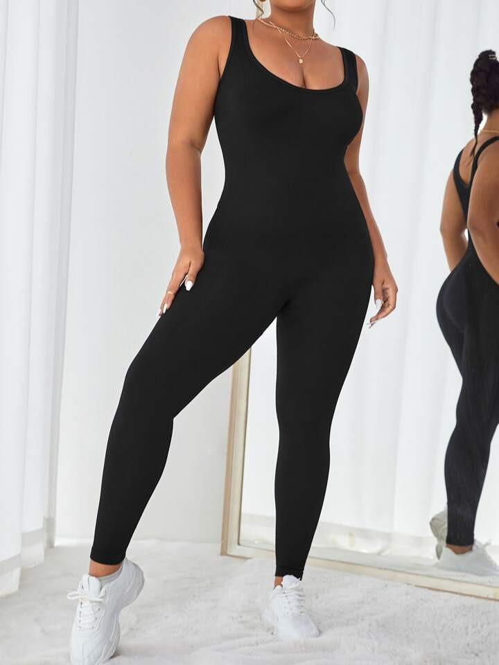 Plus Solid Scoop Neck Sports Jumpsuit | SHEIN