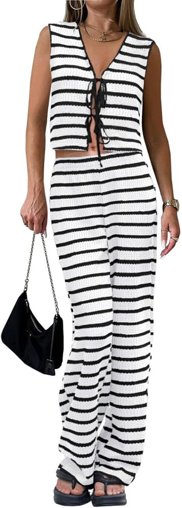 Tankaneo Womens Crochet Sets 2 Piece Outfits Tie Front Sleeveless Vest Tops Wide Leg Pants Stripe... | Amazon (US)