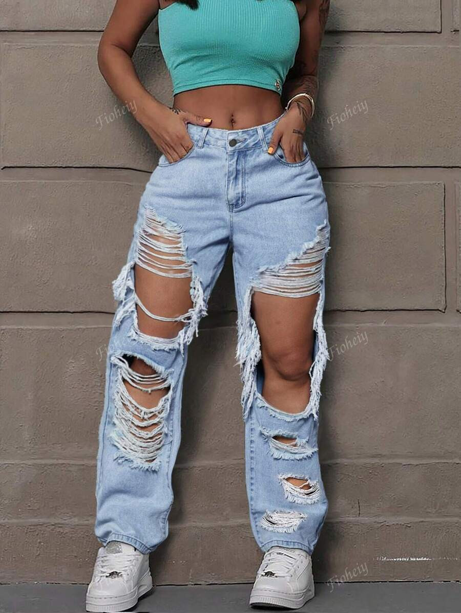 Rave 90s Street Slant Pocket Ripped Cut Out Straight Leg Jeans | SHEIN