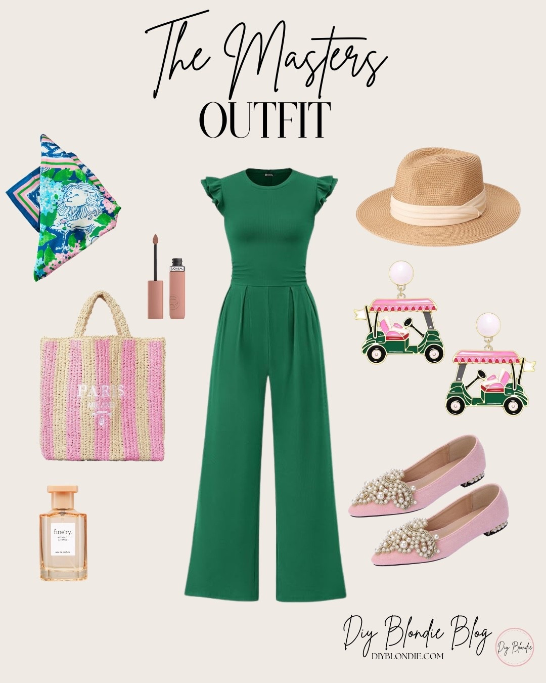 Masters style with a feminine twist 💚🌸 This chic green jumpsuit makes the perfect statement for tournament week. I paired it with pink accessories, a straw hat, pearl flats, and the cutest golf cart earrings for a polished Southern look. Comfortable, classic, and perfect for a day at Augusta or any spring event. Linking everything here!