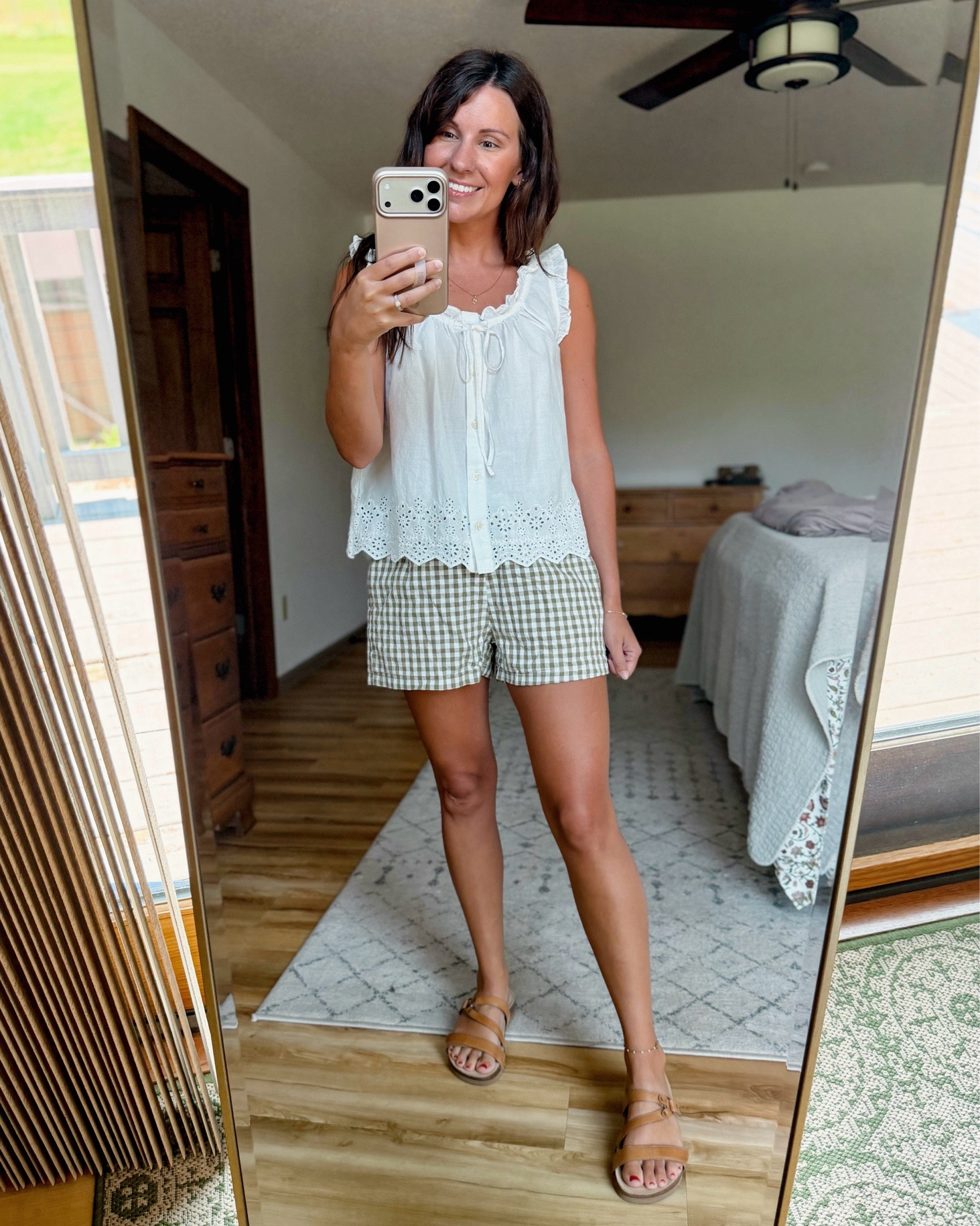 xs in my top (white is selling out so I also linked similar tops. It also comes in green and black). My green gingham boxer shorts are size xs. My sandals are size 6.

#LTKPetite #LTKgrwm #LTKootd