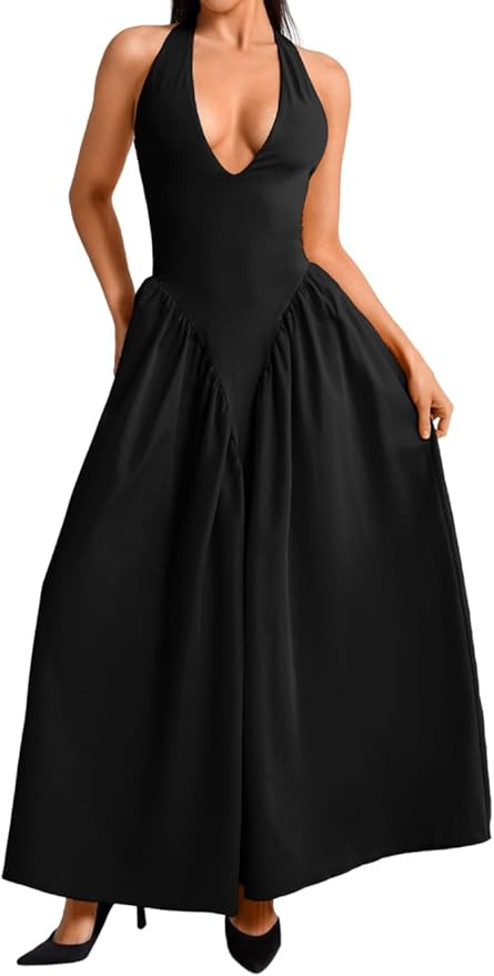 Deep V Neck Dress, Halter Maxi Dresses, Vacation Date Night, Sexy for Women Corset Flowy Wedding ... | Amazon (US)