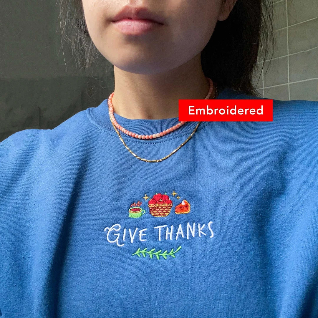 GIVE THANKS Thanksgiving Sweatshirt, Thankful Embroidered Fall Crewneck Vintage Sweater - Etsy | Etsy (US)