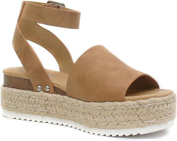 Soda Women's Topic Open Toe Buckle Ankle Strap Espadrille Synthetic sandals | Amazon (US)