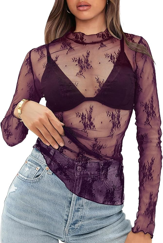 OFEEFAN Womens Long Sleeve Mesh Top See Through Mock Neck Sheer Blouses | Amazon (US)