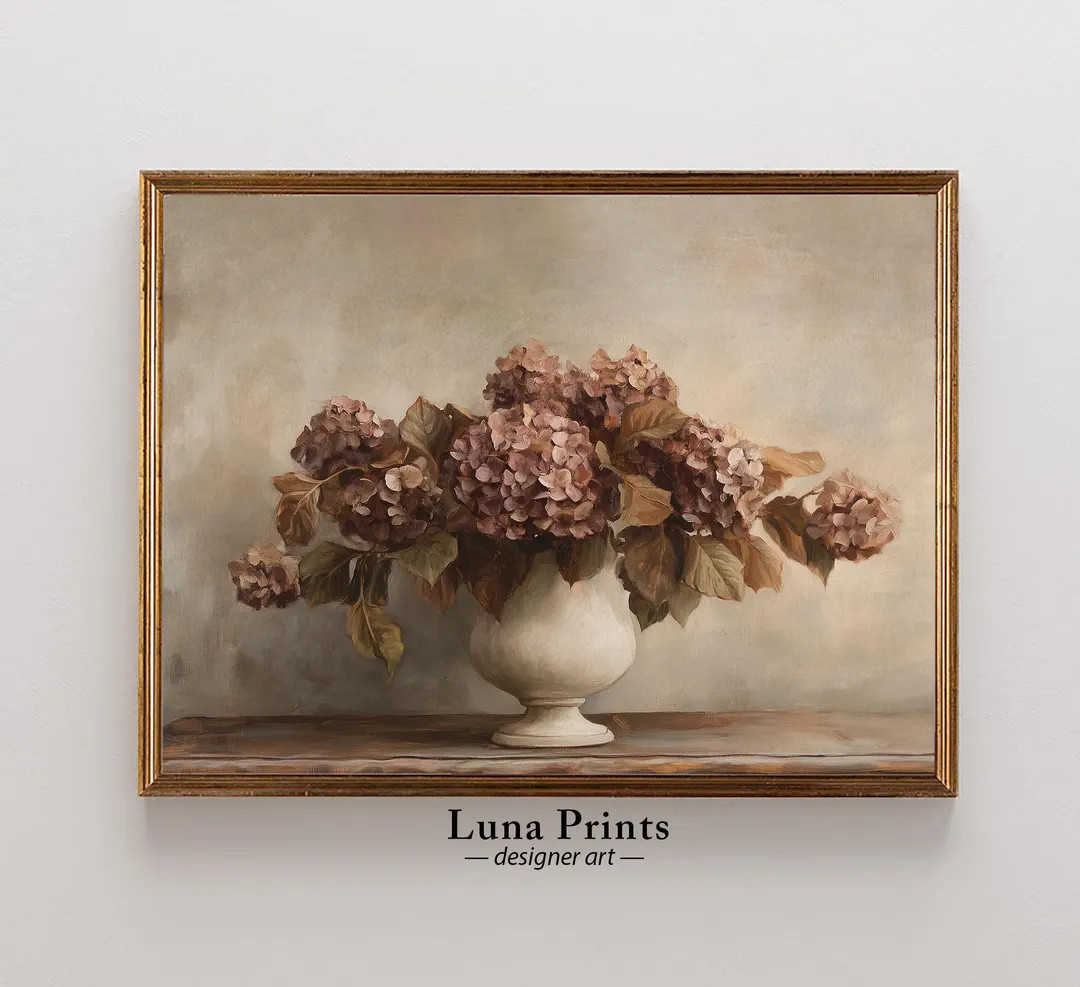 Fall Floral Painting, Autumn Hydrangea Stems, PRINTABLE ART, Muted Toned Floral Art, Mauve Flower... | Etsy (US)