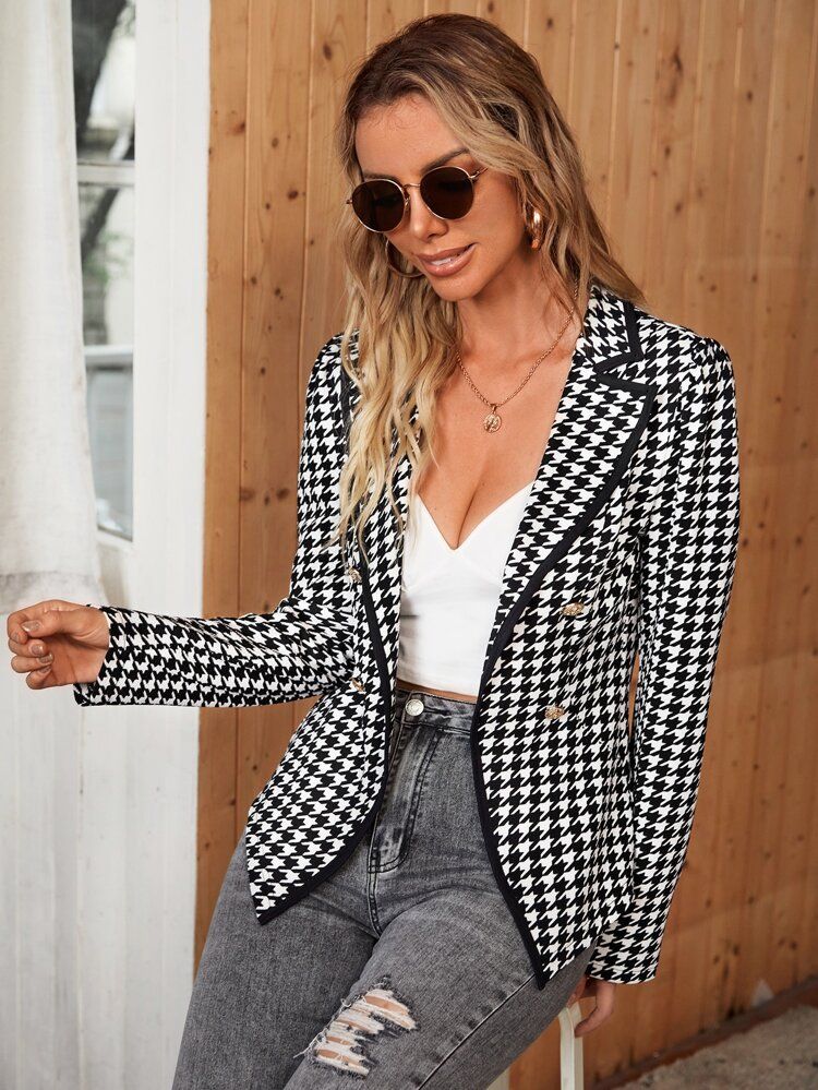 SHEIN Houndstooth Double Breasted Contrast Binding Coat | SHEIN
