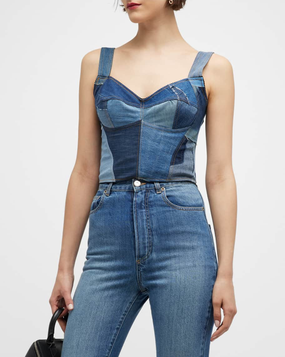 Dolce&Gabbana Patchwork Denim Bustier Top | Neiman Marcus