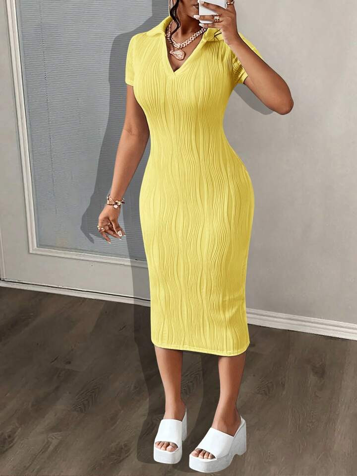 Slaydiva Summer Casual Elegant Simple Basic Model New Lapel V-Neck Short-Sleeved Slim Long Skirt ... | SHEIN