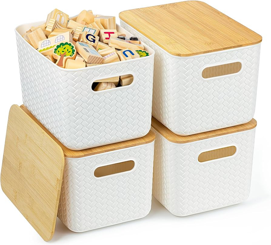 4 Packs Storage Bins with Bamboo Lids - Plastic Storage Containers with Lids Stackable Storage Bo... | Amazon (US)