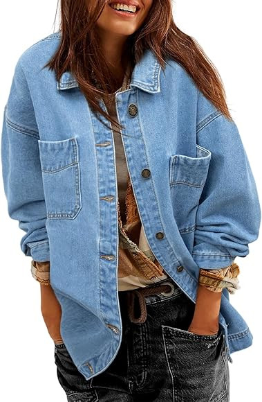 Sidefeel Women's Jean Jacket Oversized Boyfriend Button Up Long Sleeve Split Denim Jackets | Amazon (US)
