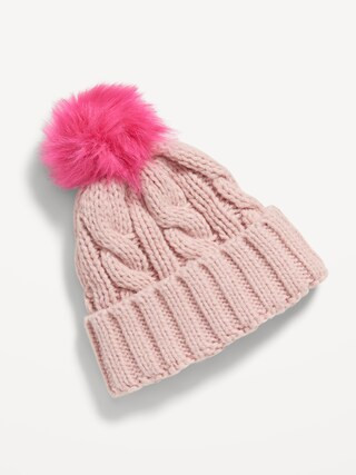 Cable-Knit Faux-Fur Pom-Pom Beanie for Girls | Old Navy (US)