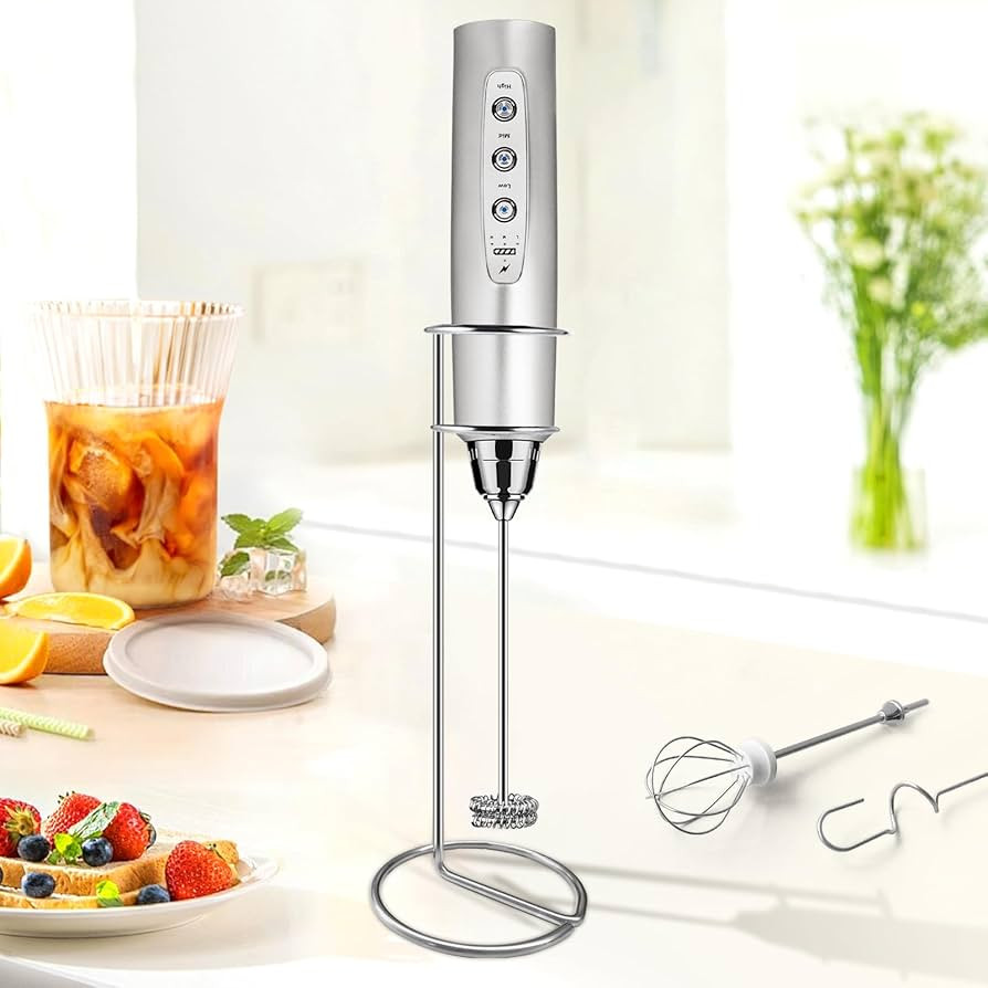 Milk Frother with Stand Rechargeable-Handheld Frother Wand with 3 Stainless Whisks 3 Speed Adjust... | Amazon (US)