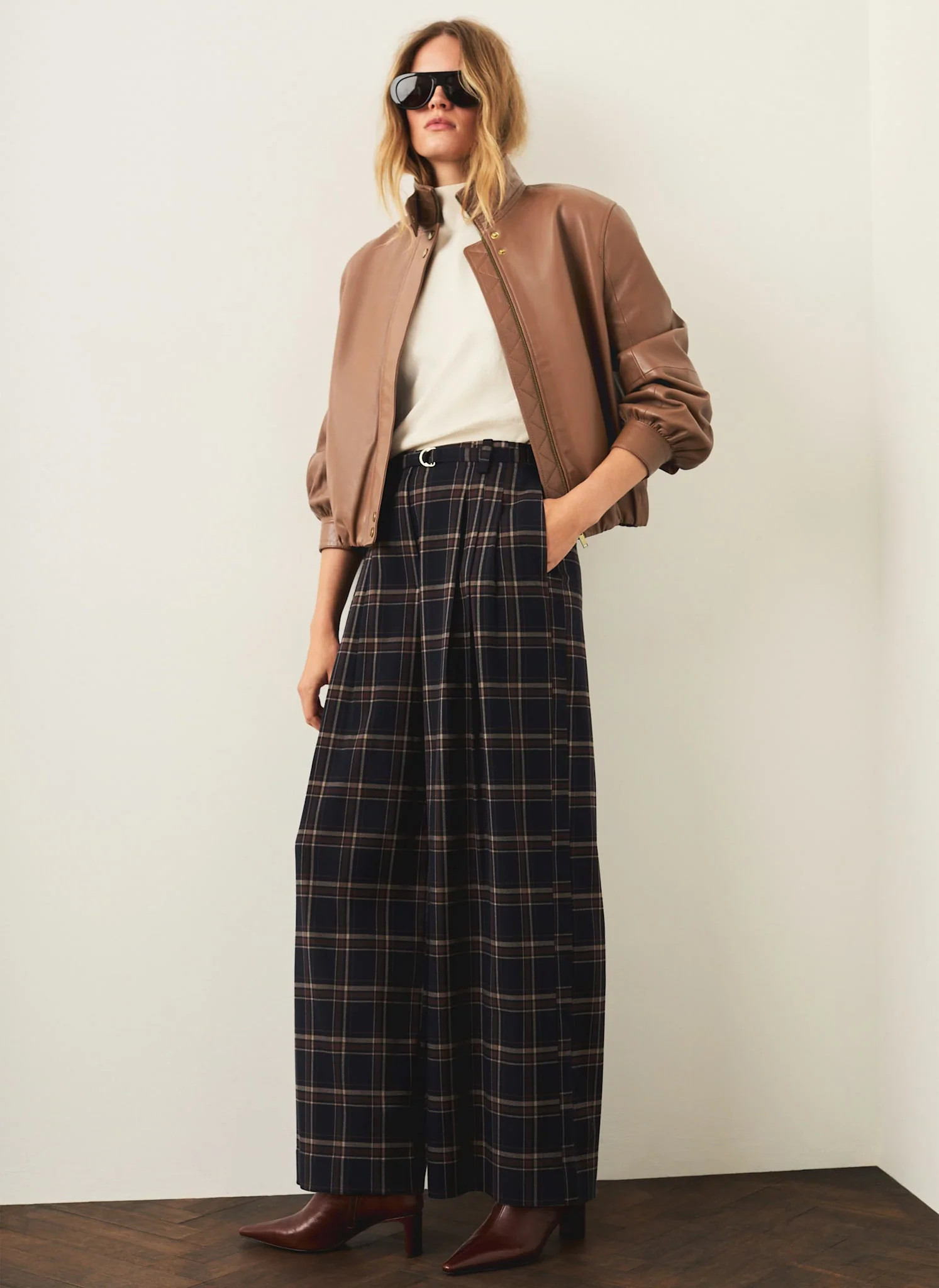 Navy Checked Wide Leg Trousers | Mint Velvet - ROW