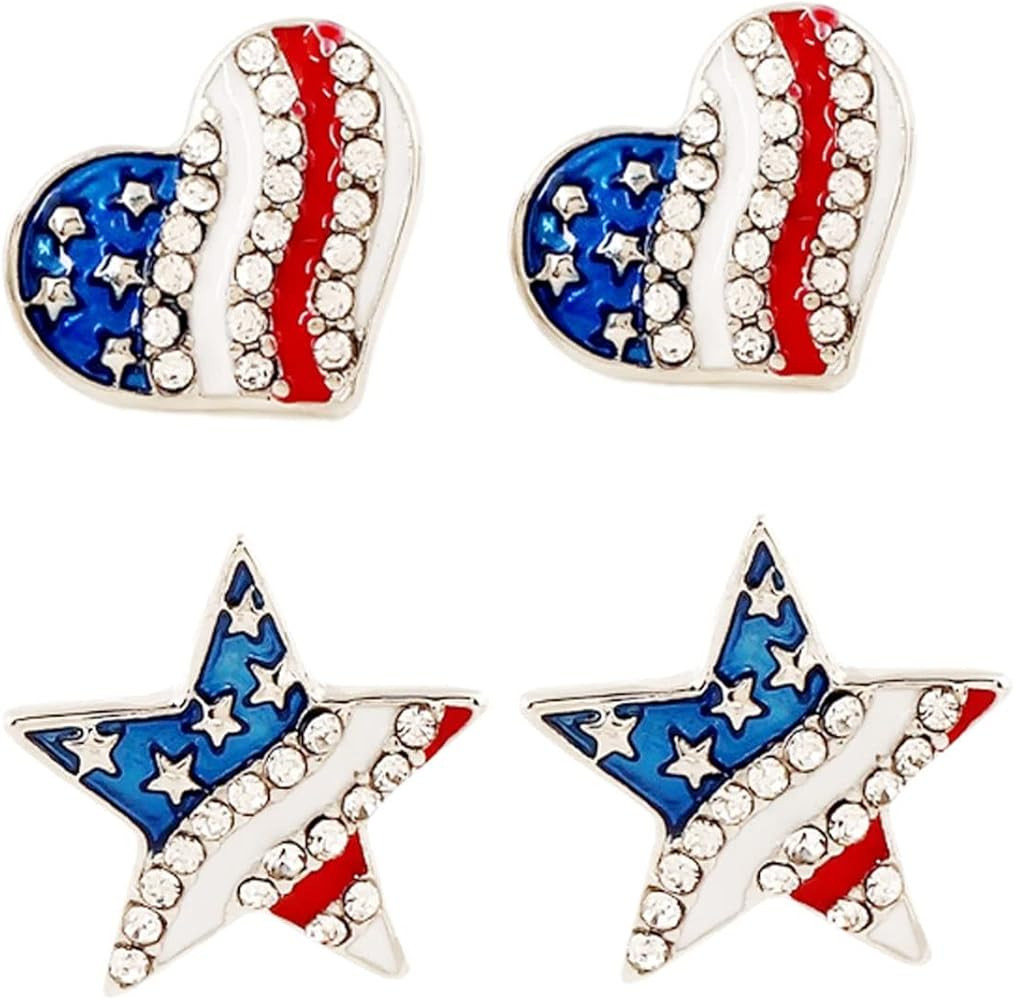 Soochat 4th of July Earrings American Flag Rhinestone Earrings for Patriotic Independence Day Wom... | Amazon (US)