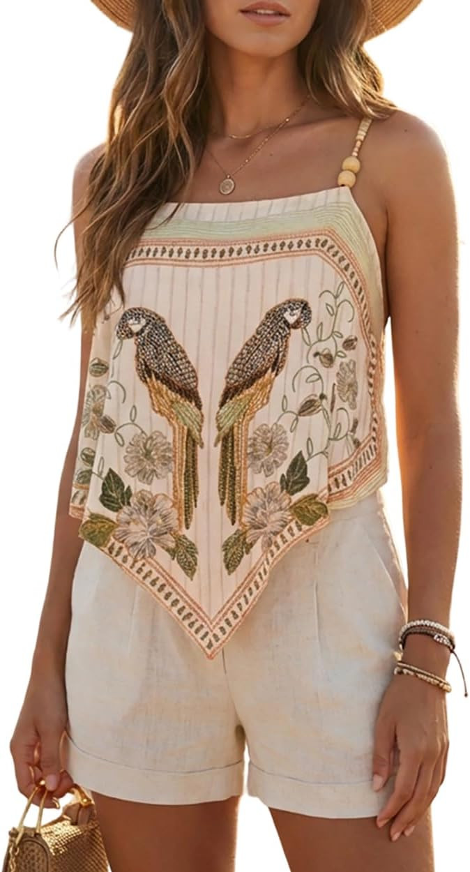 CHICME Tropical Tops for Women Parrot Floral Print Cami Top Beaded Spaghetti Strap Boho Vacation ... | Amazon (US)